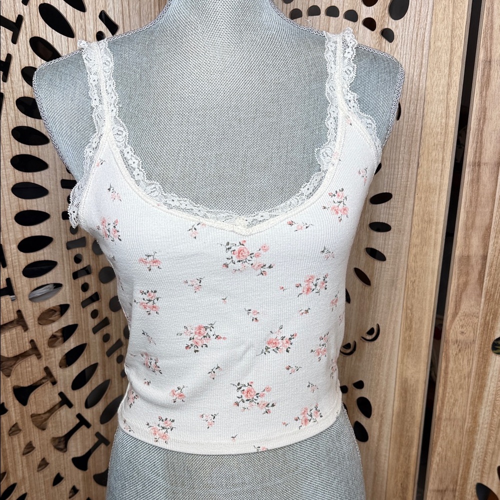 Forever 21 White Ribbed Lace-Trim Camisole with Pink Rose Print